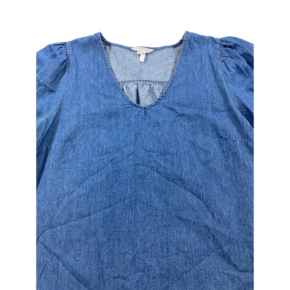 Draper James Women Medium Wash Blue Chambray Puff Sleeve V-Neck Blouse Top L - Picture 2 of 6